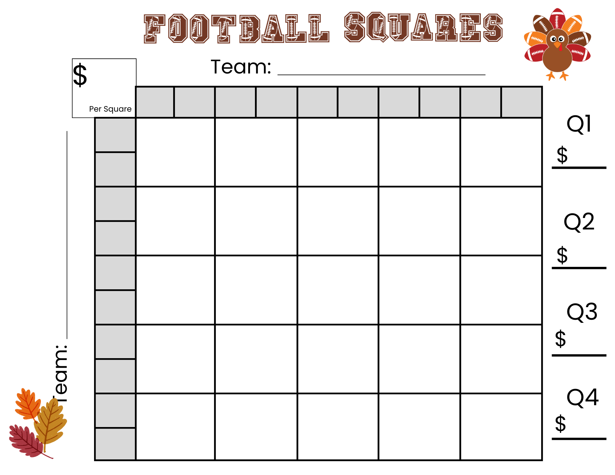 25 thanksgiving football squares game printable (instant download)